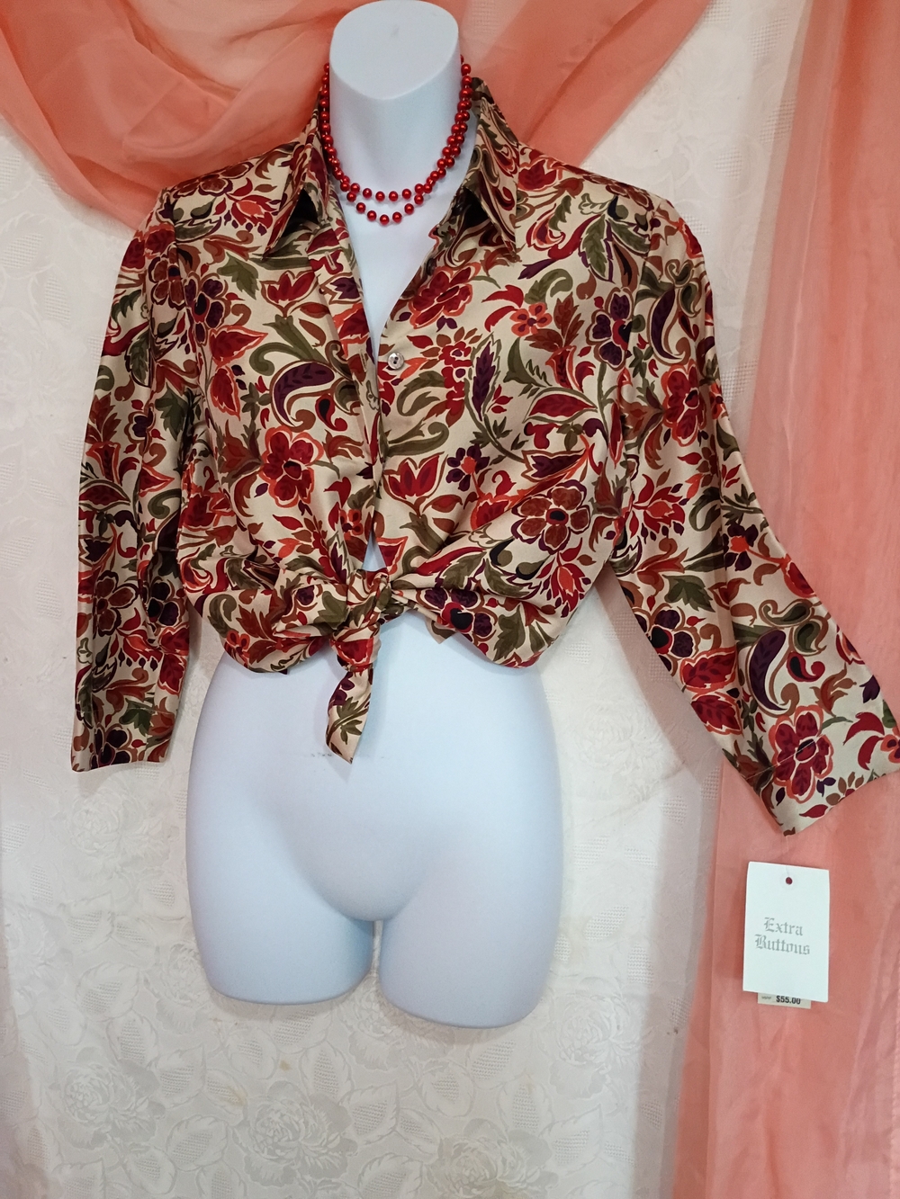 Charter Club  Ladies Floral Button Down Shirt - Red, Cream & Green
